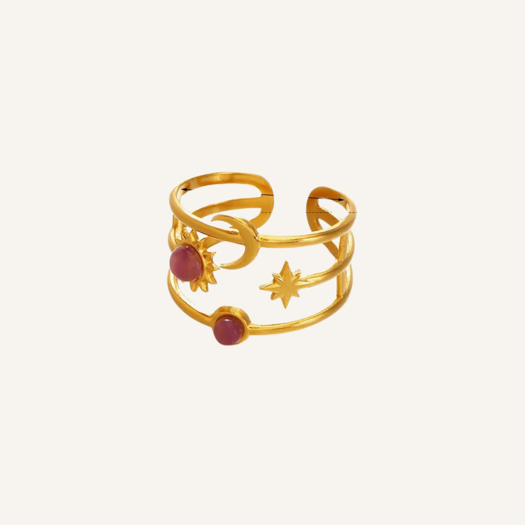 Anillo Eclipse · Anillo abierto con símbolos sol, luna y estrella